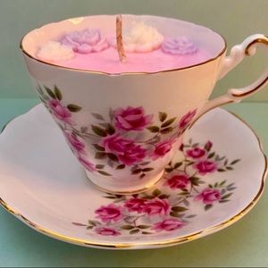 Handmade 100% Soy Wax Pink Sugar Candle in Vintage Teacup